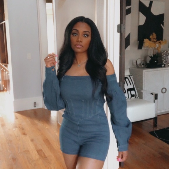 Stretch denim open back romper with bell sleeves - Picture 2 of 3